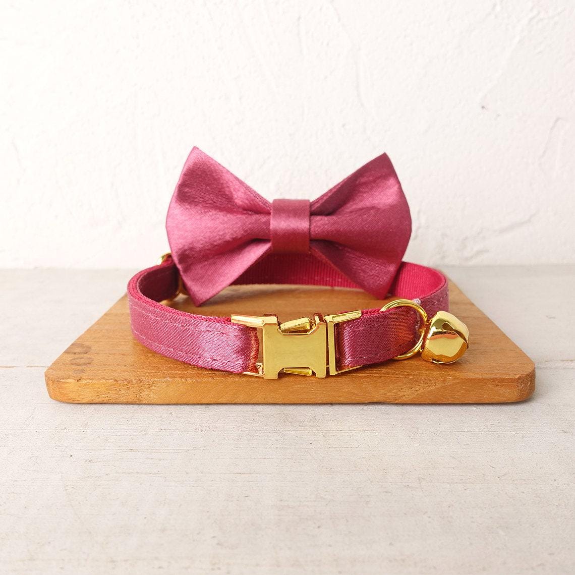 Satin Cat Collar, Silky Shiny Kitten Puppy Collar with Name Engraved, Detachable Bow and Bell in Purple, Teal, Silver, Blue, Hot Pink