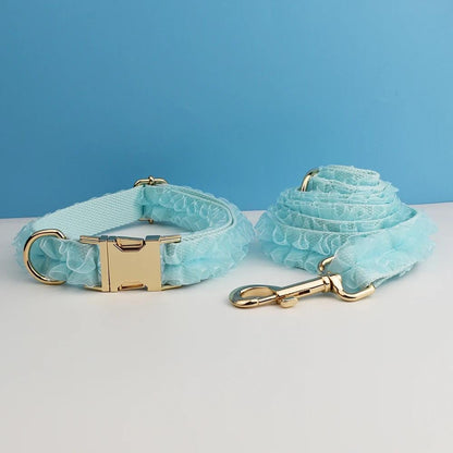 Blue Dog Collar, Custom Lace H-Style Dog Harness with Name, Velvet Dog Poop Bag, Leash, for Wedding