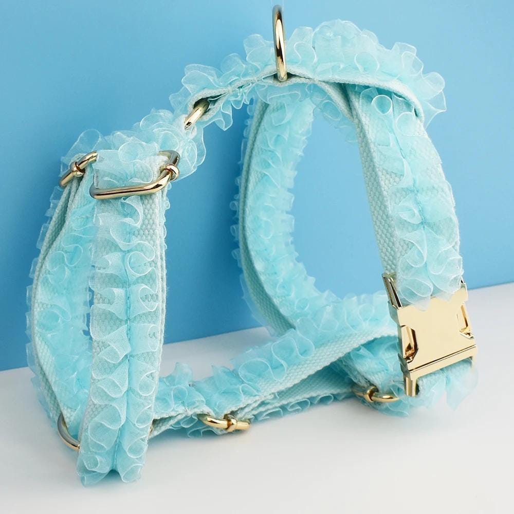Blue Dog Collar, Custom Lace H-Style Dog Harness with Name, Velvet Dog Poop Bag, Leash, for Wedding