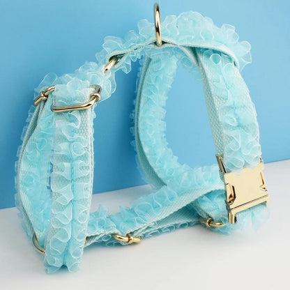Blue Dog Collar, Custom Lace H-Style Dog Harness with Name, Velvet Dog Poop Bag, Leash, for Wedding