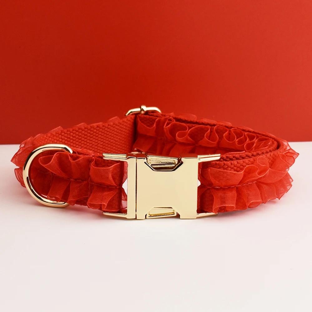 Red Dog Collar, Custom Lace H-Style Dog Harness with Name, Velvet Dog Poop Bag, Leash, for Wedding