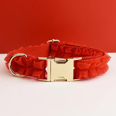 Red Dog Collar, Custom Lace H-Style Dog Harness with Name, Velvet Dog Poop Bag, Leash, for Wedding, Different Combo