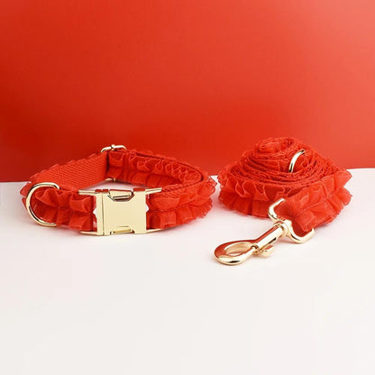 Red Dog Collar, Custom Lace H-Style Dog Harness with Name, Velvet Dog Poop Bag, Leash, for Wedding