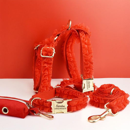 Red Dog Collar, Custom Lace H-Style Dog Harness with Name, Velvet Dog Poop Bag, Leash, for Wedding