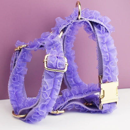 Purple Dog Collar, Custom Lace H-Style Dog Harness with Name, Velvet Dog Poop Bag, Leash, for Wedding