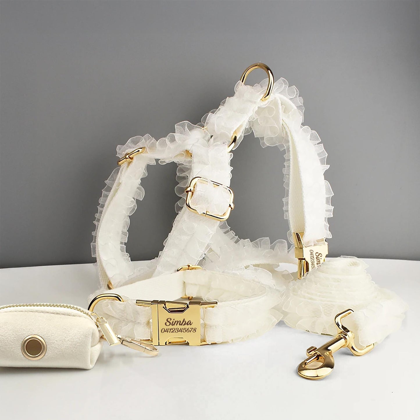 White Dog Collar, Custom Lace H-Style Dog Harness with Name, Velvet Dog Poop Bag, Leash, for Wedding