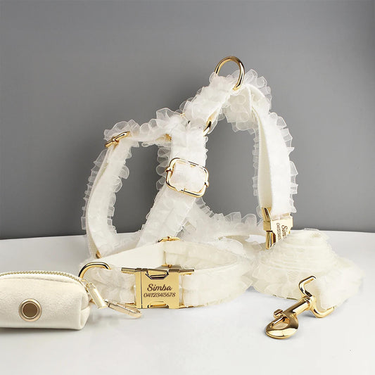 White Dog Collar, Custom Lace H-Style Dog Harness with Name, Velvet Dog Poop Bag, Leash, for Wedding
