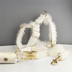 White Dog Collar, Custom Lace H-Style Dog Harness with Name, Velvet Dog Poop Bag, Leash, for Wedding, Different Combo