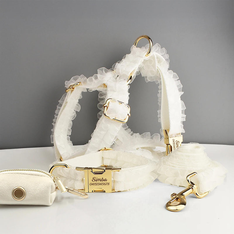 White Dog Collar, Custom Lace H-Style Dog Harness with Name, Velvet Dog Poop Bag, Leash, for Wedding, Different Combo