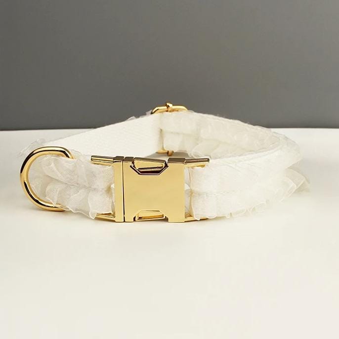 White Dog Collar, Custom Lace H-Style Dog Harness with Name, Velvet Dog Poop Bag, Leash, for Wedding