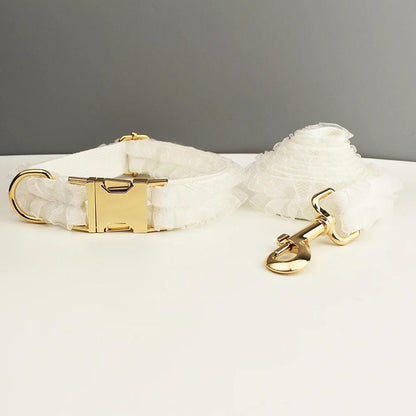 White Dog Collar, Custom Lace H-Style Dog Harness with Name, Velvet Dog Poop Bag, Leash, for Wedding