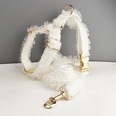White Dog Collar, Custom Lace H-Style Dog Harness with Name, Velvet Dog Poop Bag, Leash, for Wedding, Different Combo