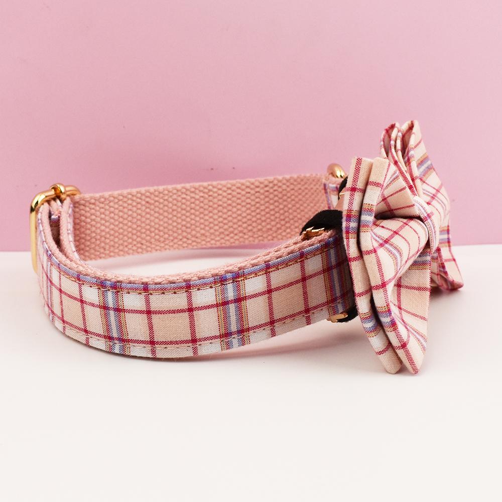Plaid Dog Collar, Personalised Tag, Tartan Dog Collar and Leash or Bow, Collar for Male Dog, Pink, Light Pink, Green, Purle Gingham
