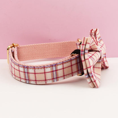 Plaid Dog Collar, Personalised Tag, Tartan Dog Collar and Leash or Bow, Collar for Male Dog, Pink, Light Pink, Green, Purle Gingham