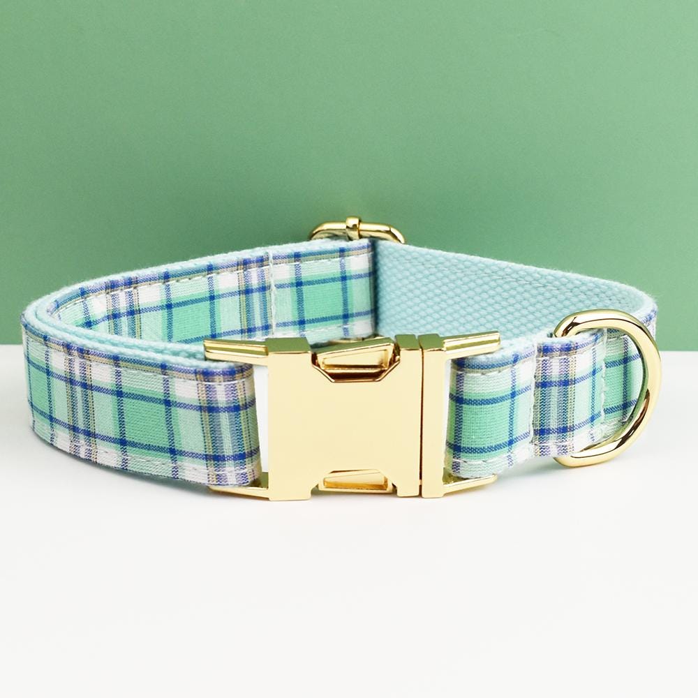 Plaid Dog Collar, Personalised Tag, Tartan Dog Collar and Leash or Bow, Collar for Male Dog, Pink, Light Pink, Green, Purle Gingham