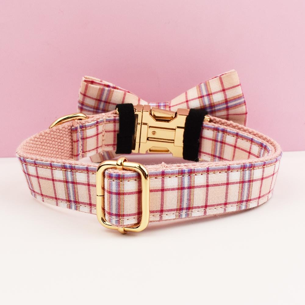Custom Light Pink Plaid Personalised Dog Collar, Matching Dog Bowtie, Dog Leash, Roman Dog Harness