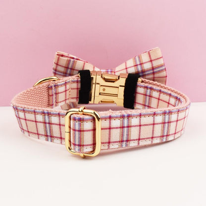 Custom Light Pink Plaid Personalised Dog Collar, Matching Dog Bowtie, Dog Leash, Roman Dog Harness