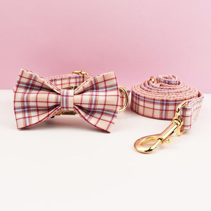 Custom Light Pink Plaid Personalised Dog Collar, Matching Dog Bowtie, Dog Leash, Roman Dog Harness