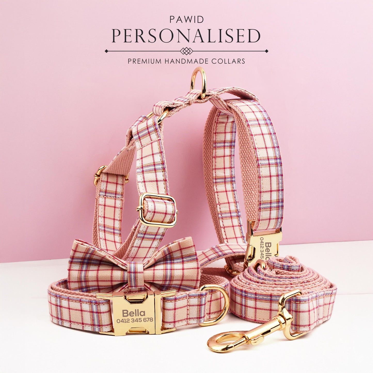 Custom Light Pink Plaid Personalised Dog Collar, Matching Dog Bowtie, Dog Leash, Roman Dog Harness