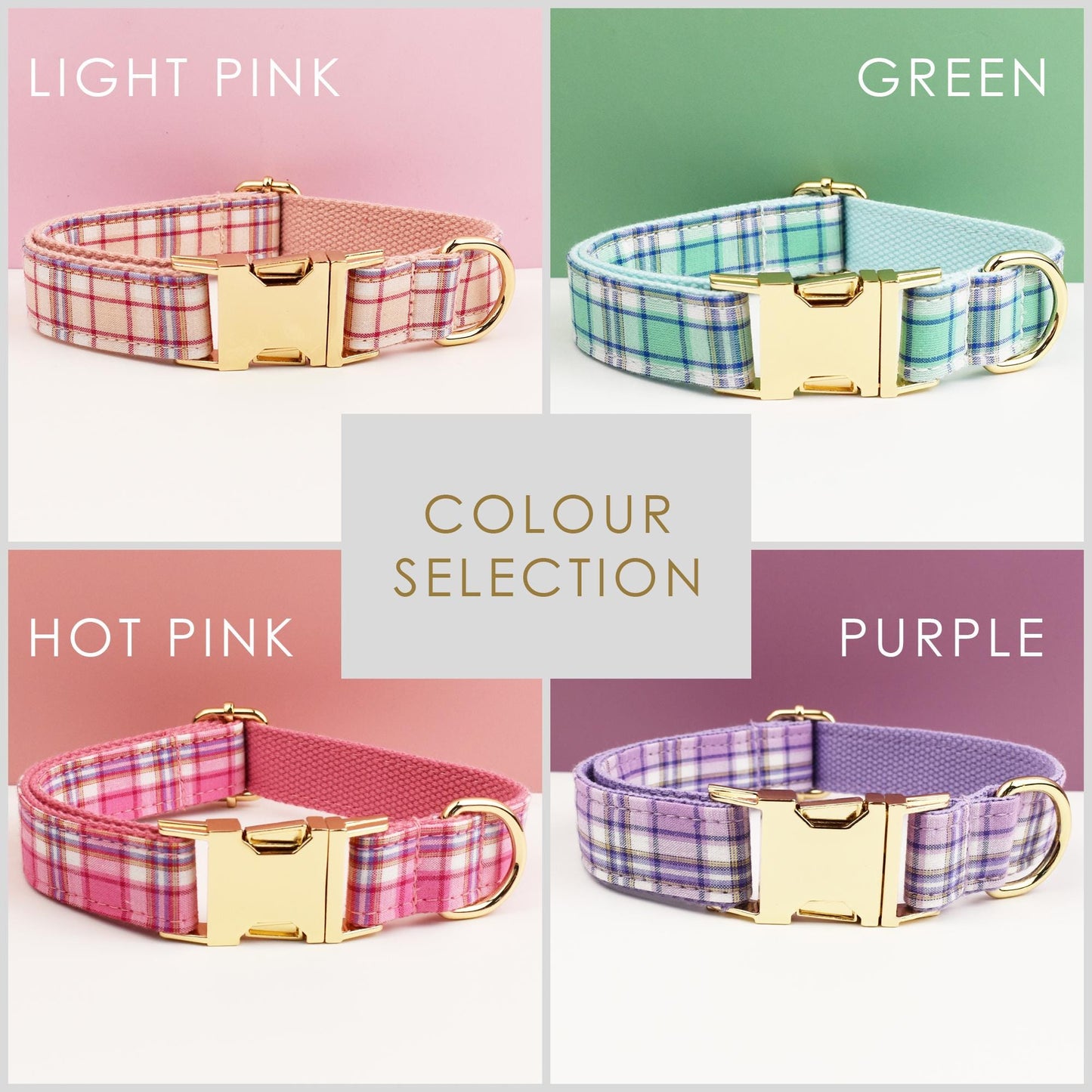 Custom Purple Plaid Personalised Dog Collar, Matching Dog Bowtie, Dog Leash, Roman Dog Harness