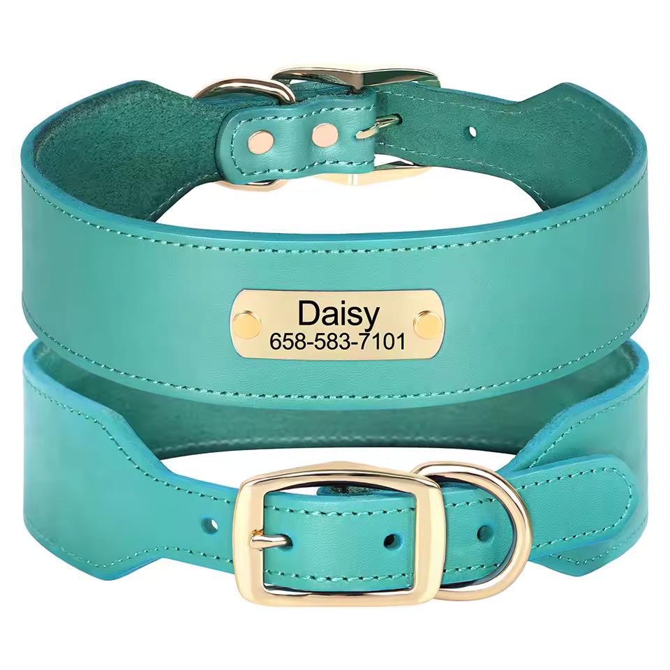 Personalised Wide Leather Dog Collar, Custom Name Durable Leather Pet Necklace for Medium Large dogs, Pitbull, Bulldog