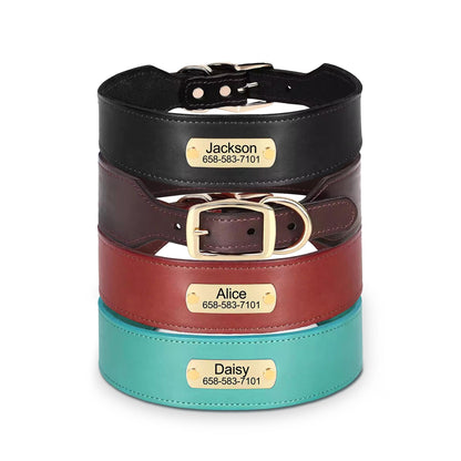 Personalised Wide Leather Dog Collar, Custom Name Durable Leather Pet Necklace for Medium Large dogs, Pitbull, Bulldog