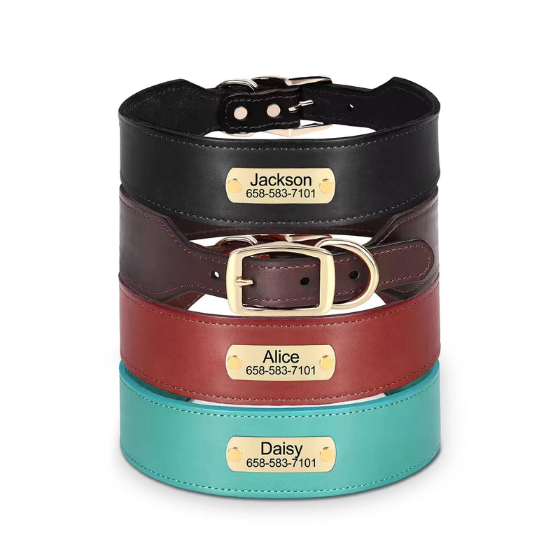 Personalized Wide Leather Dog Collar, Custom Name Durable Leather Pet Necklace for Medium Large dogs, Pitbull, Bulldog