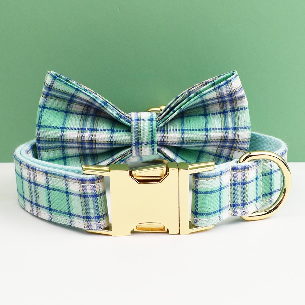 Custom Green Plaid Personalised Dog Collar, Matching Dog Bowtie, Dog Leash, Roman Dog Harness