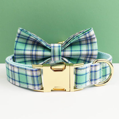 Custom Green Plaid Personalised Dog Collar, Matching Dog Bowtie, Dog Leash, Roman Dog Harness