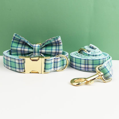 Custom Green Plaid Personalised Dog Collar, Matching Dog Bowtie, Dog Leash, Roman Dog Harness