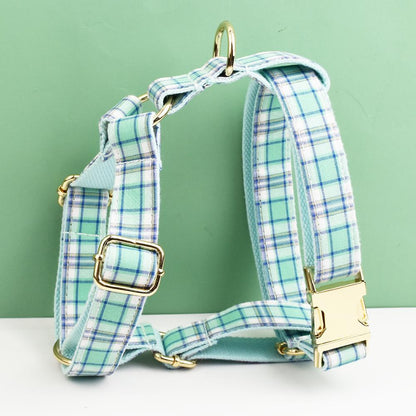 Custom Green Plaid Personalised Dog Collar, Matching Dog Bowtie, Dog Leash, Roman Dog Harness