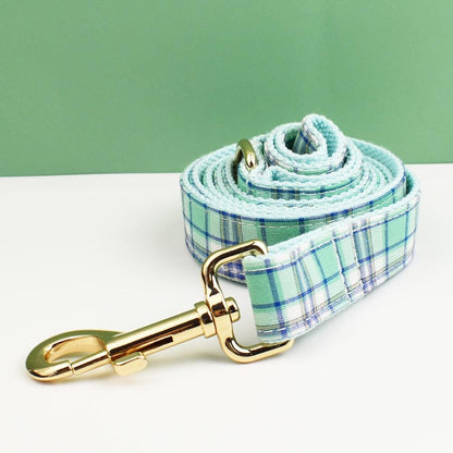 Custom Green Plaid Personalised Dog Collar, Matching Dog Bowtie, Dog Leash, Roman Dog Harness