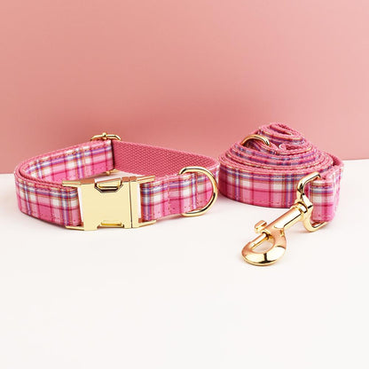 Custom Hot Pink Plaid Personalised Dog Collar, Matching Dog Bowtie, Dog Leash, Roman Dog Harness