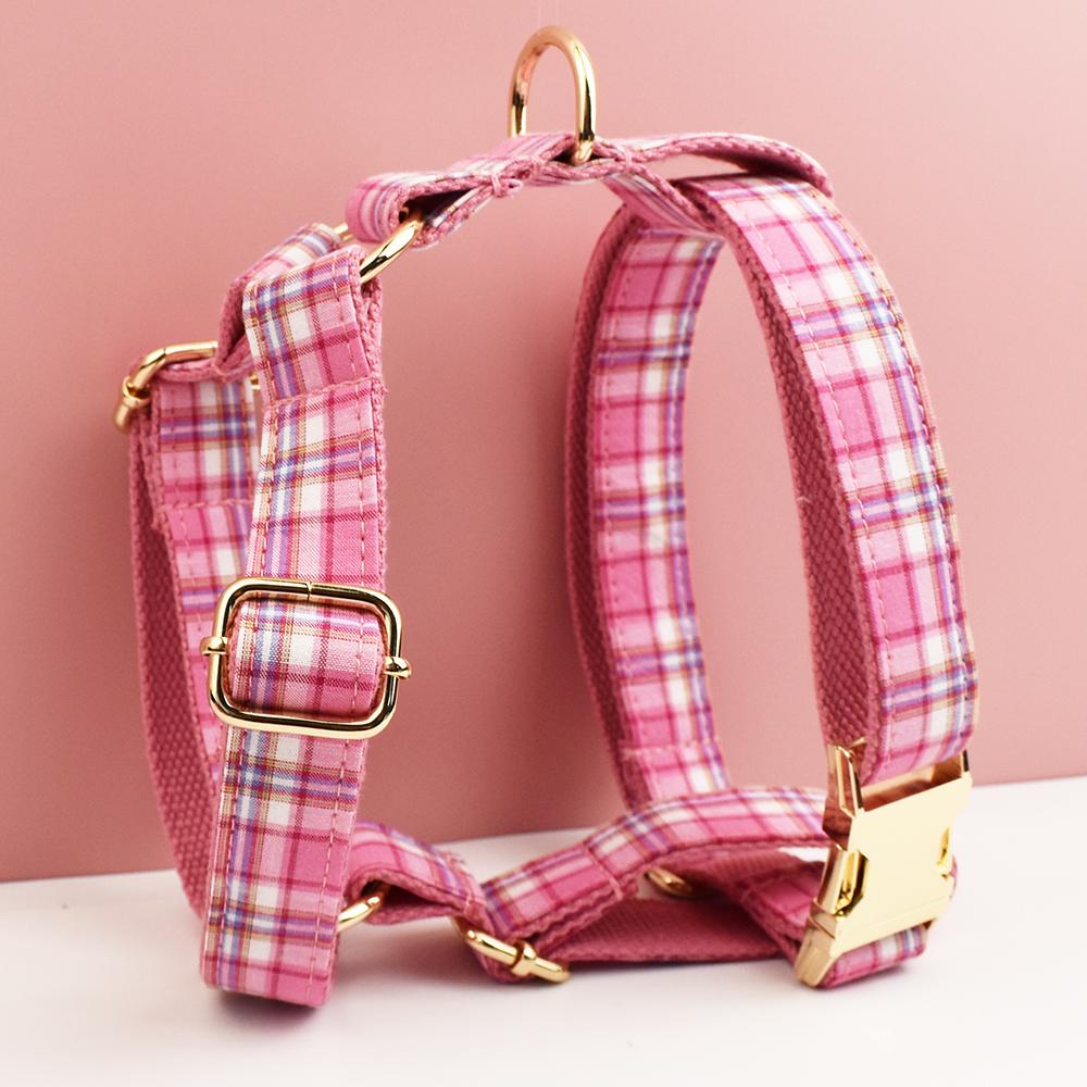 Custom Hot Pink Plaid Personalised Dog Collar, Matching Dog Bowtie, Dog Leash, Roman Dog Harness