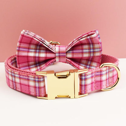 Custom Hot Pink Plaid Personalised Dog Collar, Matching Dog Bowtie, Dog Leash, Roman Dog Harness