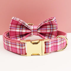 Custom Hot Pink Plaid Personalized Dog Collar, Matching Dog Bowtie, Dog Leash, Roman Dog Harness, Different Combo