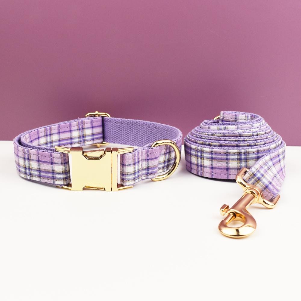 Custom Purple Plaid Personalised Dog Collar, Matching Dog Bowtie, Dog Leash, Roman Dog Harness