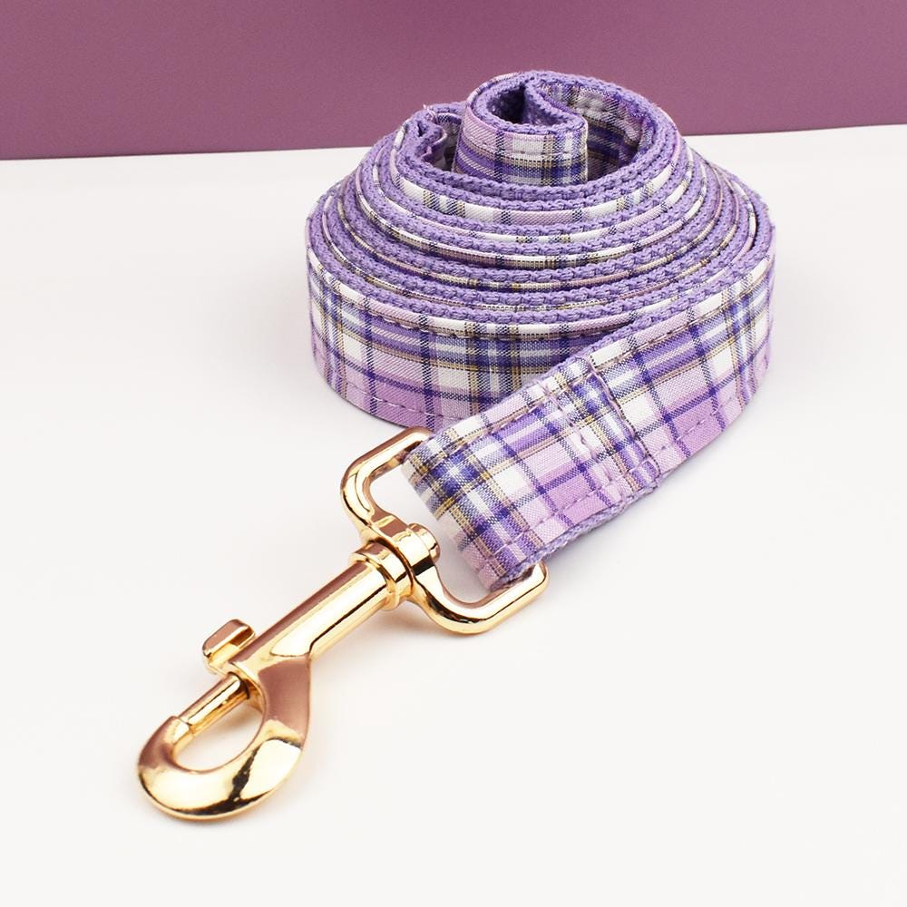 Custom Purple Plaid Personalised Dog Collar, Matching Dog Bowtie, Dog Leash, Roman Dog Harness