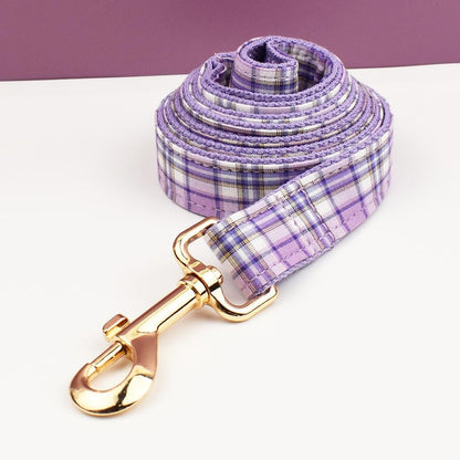 Custom Purple Plaid Personalised Dog Collar, Matching Dog Bowtie, Dog Leash, Roman Dog Harness