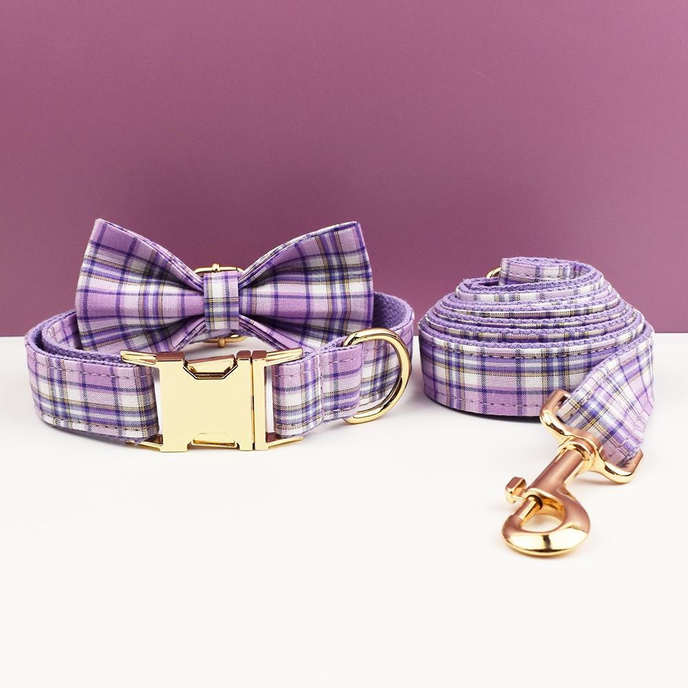 Custom Purple Plaid Personalised Dog Collar, Matching Dog Bowtie, Dog Leash, Roman Dog Harness