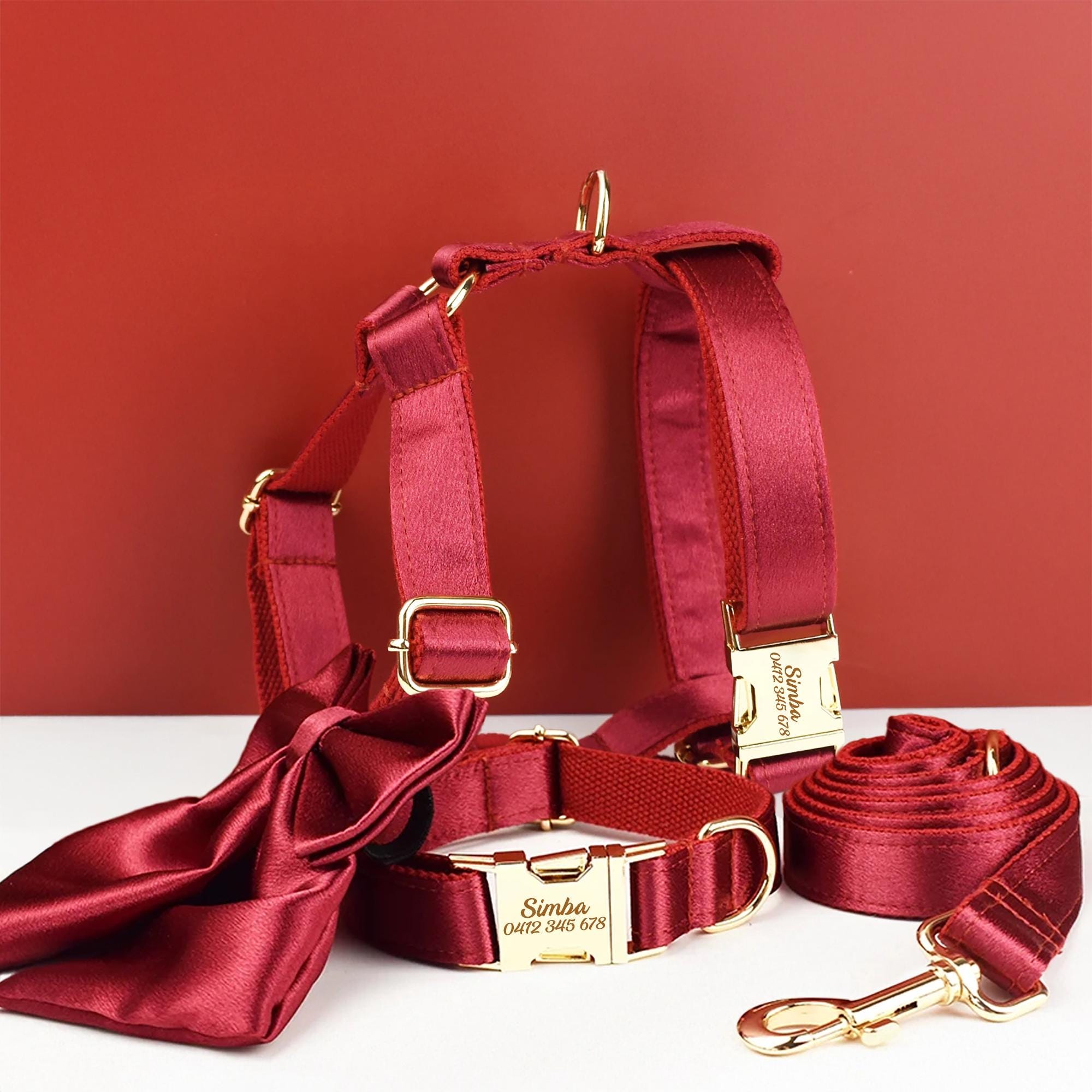 Wedding Dog Collar in Red Satin, Custom Silky Roman Dog Harness with Name, Leash, Sailor Bow for Birthday, Different Combo