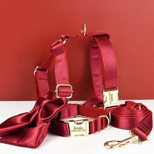 Wedding Dog Collar in Red Satin, Custom Silky Roman Dog Harness with Name, Leash, Sailor Bow for Birthday