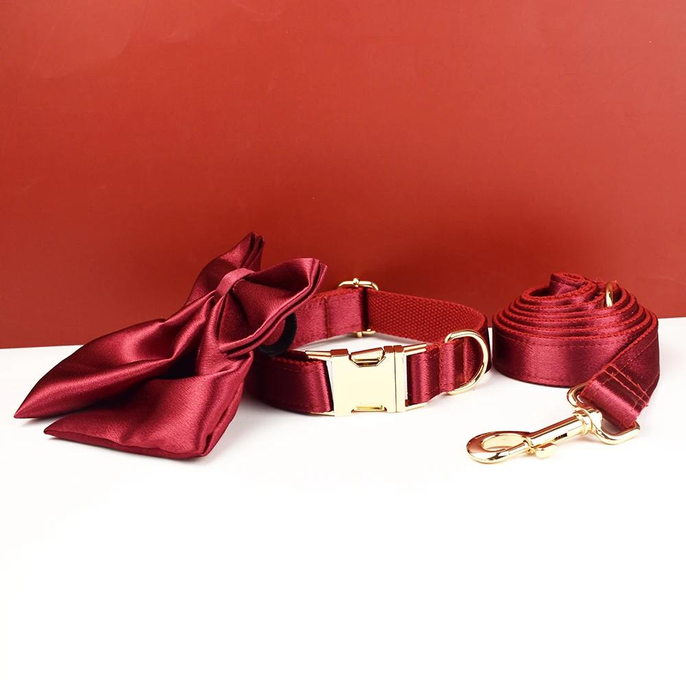 Wedding Dog Collar in Red Satin, Custom Silky Roman Dog Harness with Name, Leash, Sailor Bow for Birthday