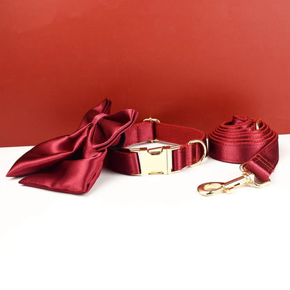 Wedding Dog Collar in Red Satin, Custom Silky Roman Dog Harness with Name, Leash, Sailor Bow for Birthday