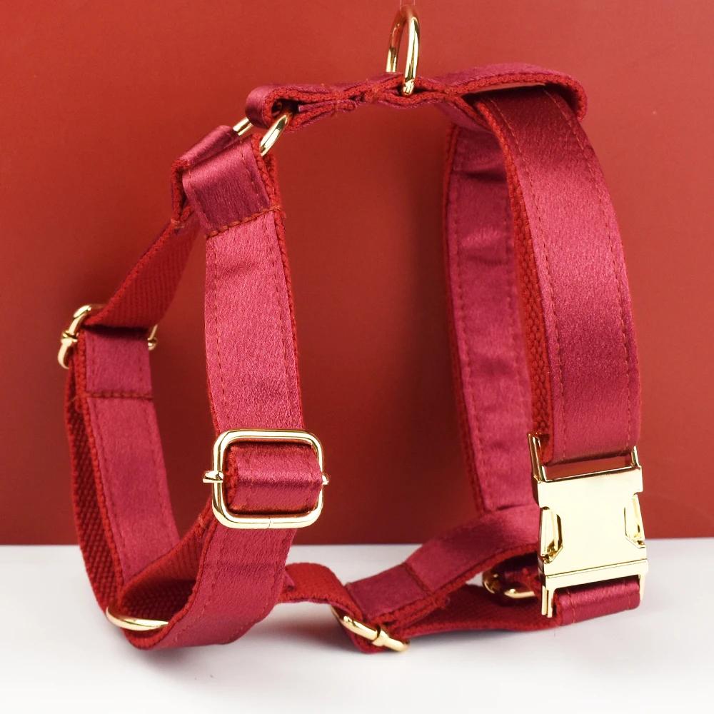 Wedding Dog Collar in Red Satin, Custom Silky Roman Dog Harness with Name, Leash, Sailor Bow for Birthday