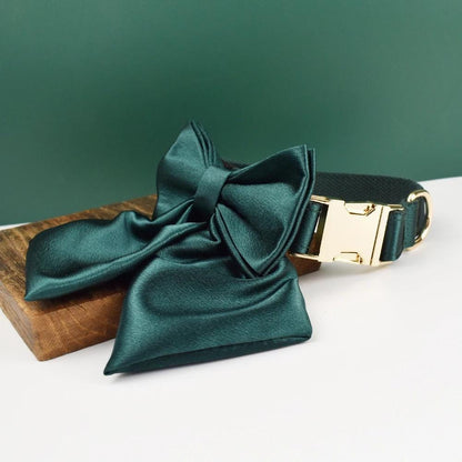 Wedding Dog Collar in Green Satin, Custom Silky Roman Dog Harness with Name, Leash, Sailor Bow for Birthday