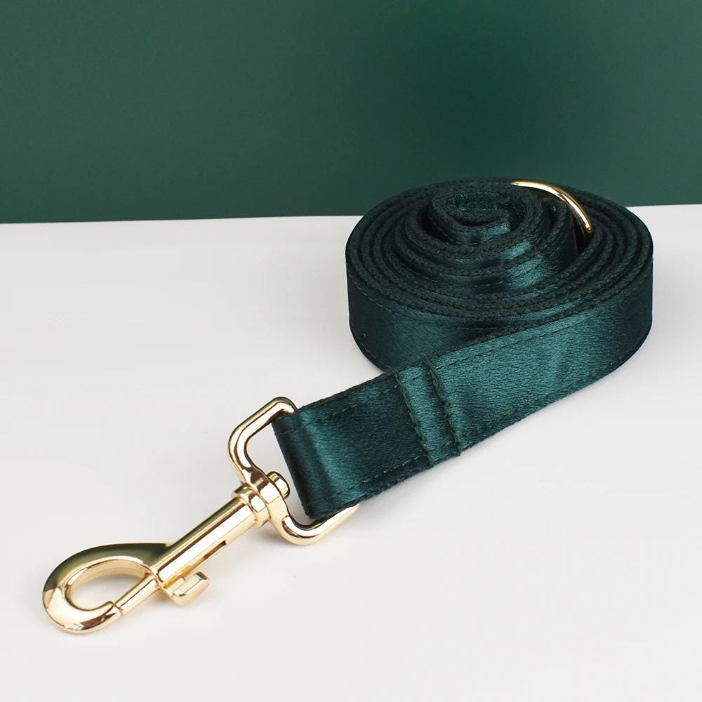 Wedding Dog Collar in Green Satin, Custom Silky Roman Dog Harness with Name, Leash, Sailor Bow for Birthday