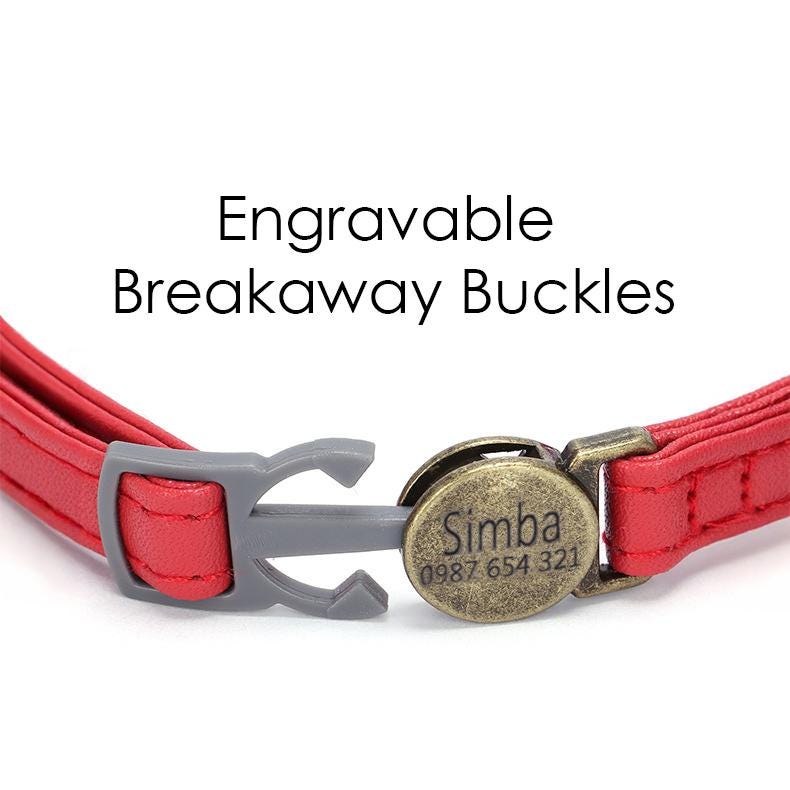 Breakaway PU Leather Personalised Cat Collar, Retro Style Cat Collar, Custom Engraved Kitten Name Safety Buckle