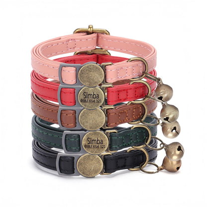 Breakaway PU Leather Personalised Cat Collar, Retro Style Cat Collar, Custom Engraved Kitten Name Safety Buckle