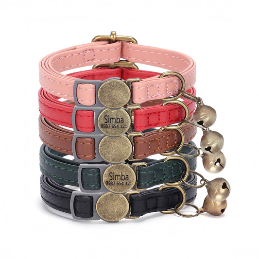 Breakaway PU Leather Personalised Cat Collar, Retro Style Cat Collar, Custom Engraved Kitten Name Safety Buckle